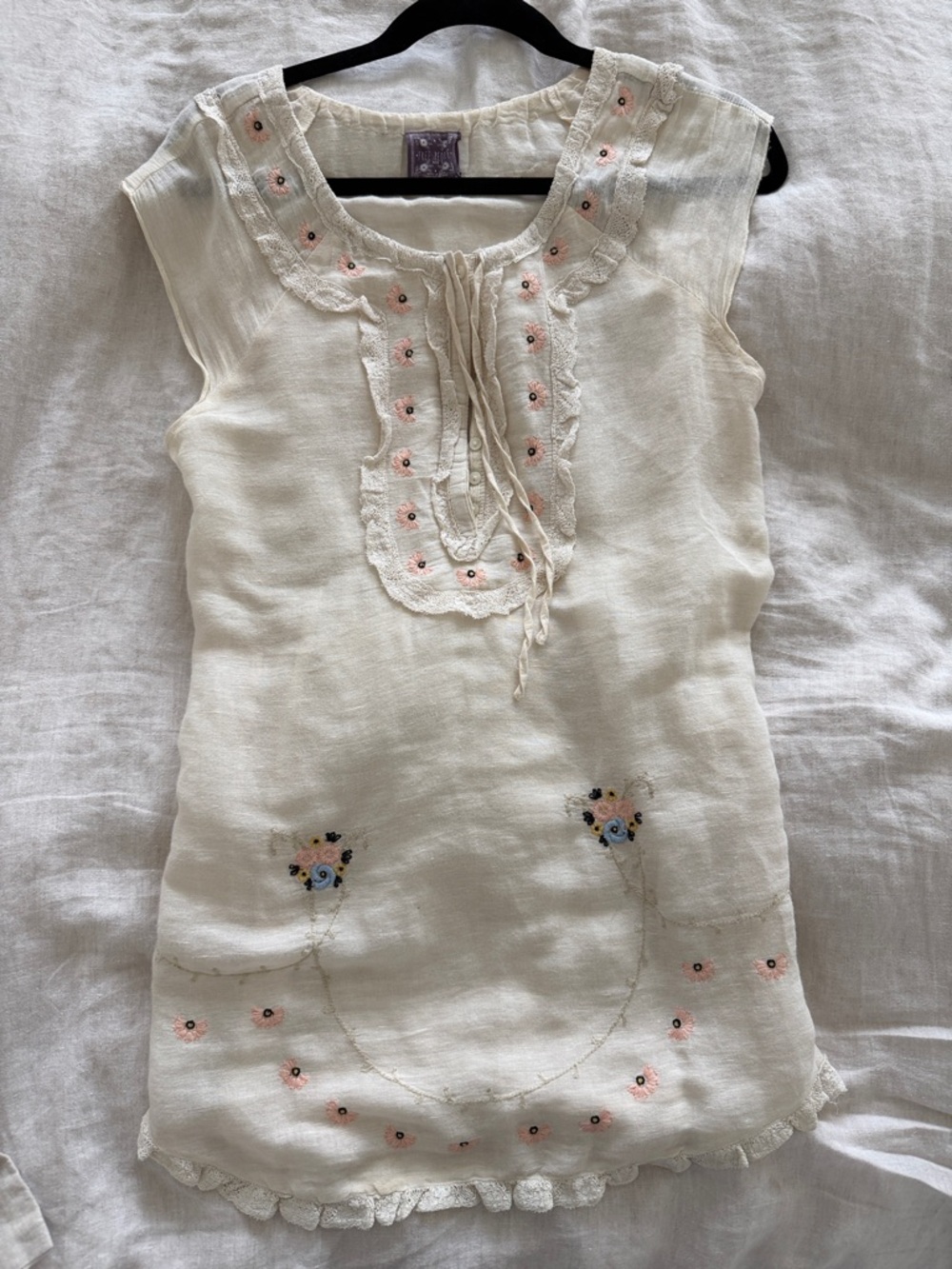 Free People Cream Embroidered Sleeveless Linen Floral Top